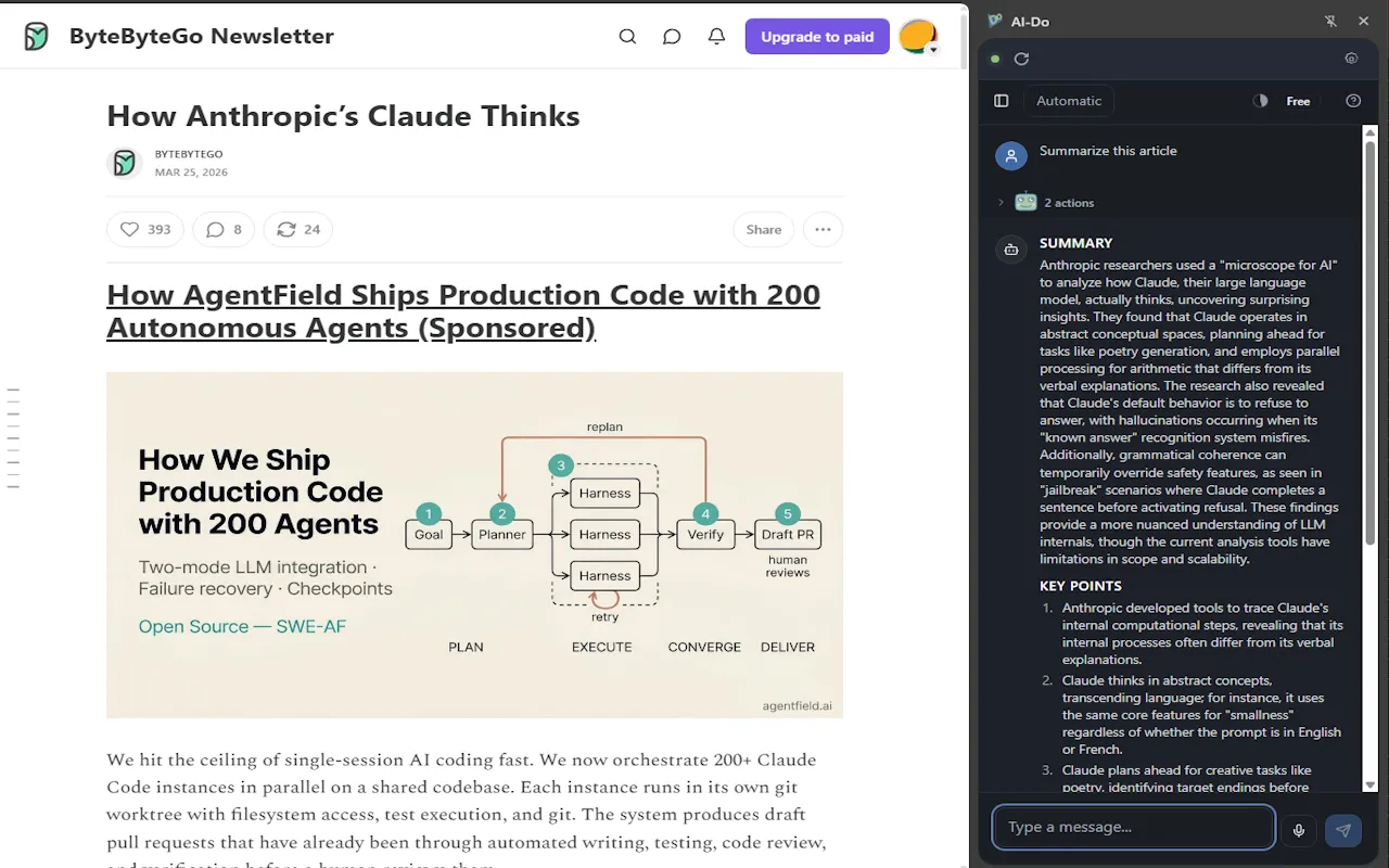 Full screenshot of AI-Do summarizing an article in a browser side panel.