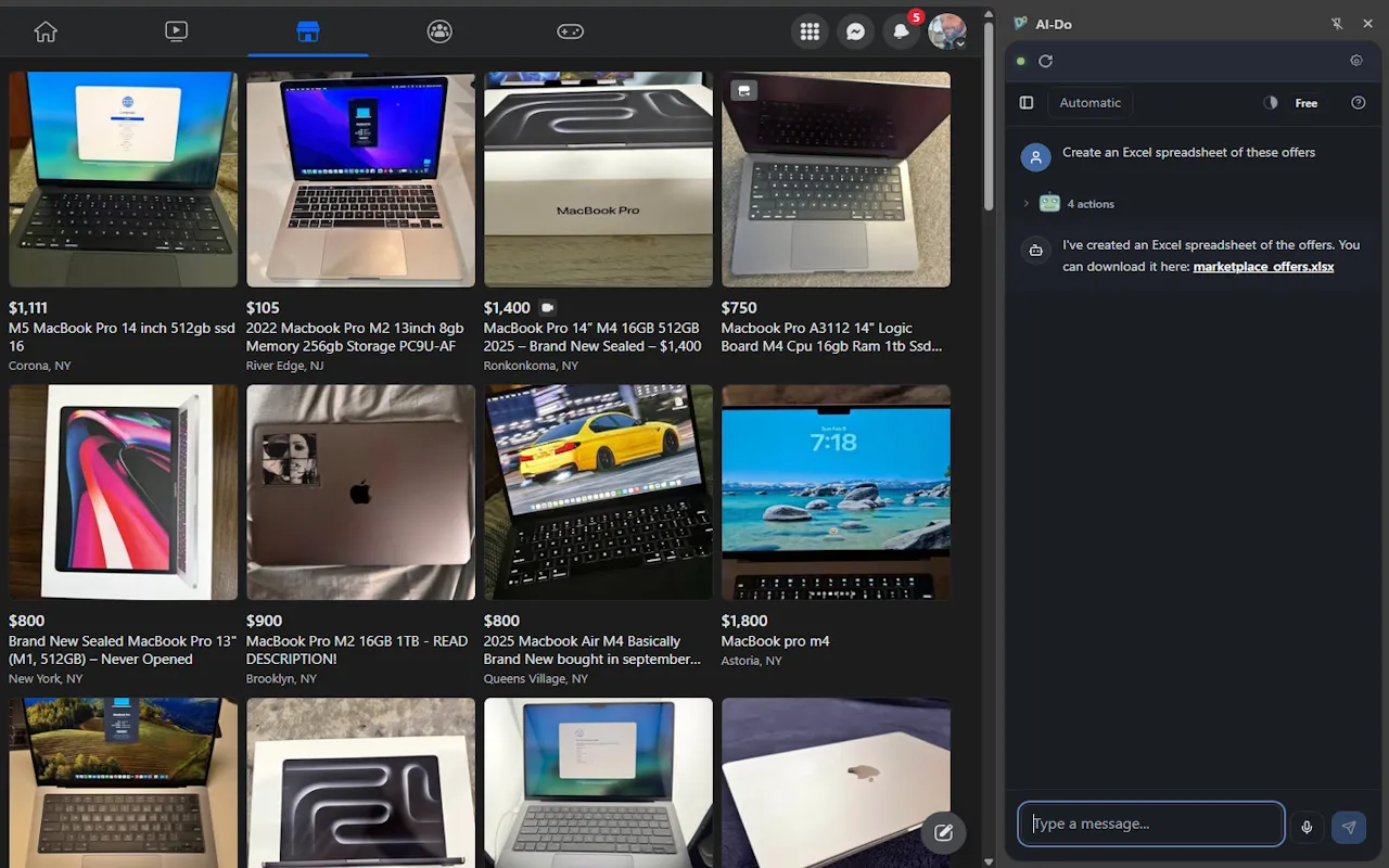 Full screenshot of AI-Do creating a spreadsheet from marketplace offers.