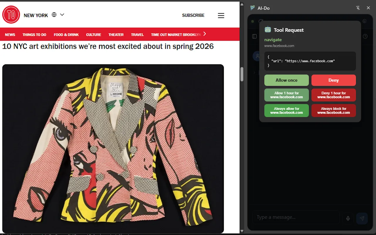 Full screenshot of AI-Do asking for permission before opening a Facebook page.