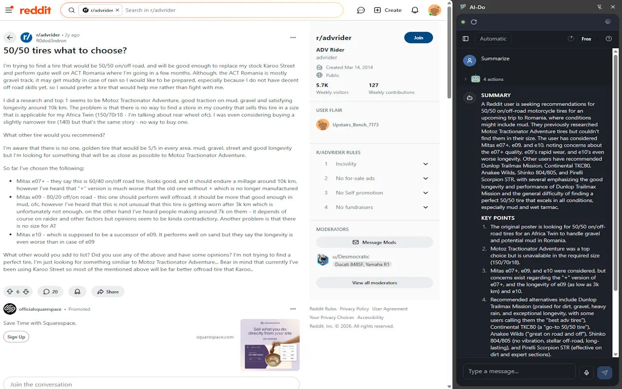 Full screenshot of AI-Do summarizing a Reddit thread.