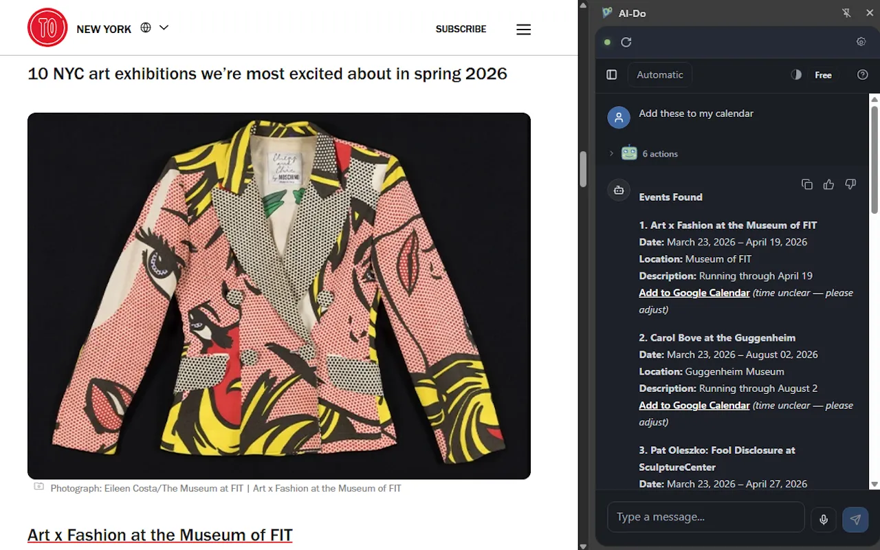 Full screenshot of AI-Do finding events from an article and listing them in the side panel.